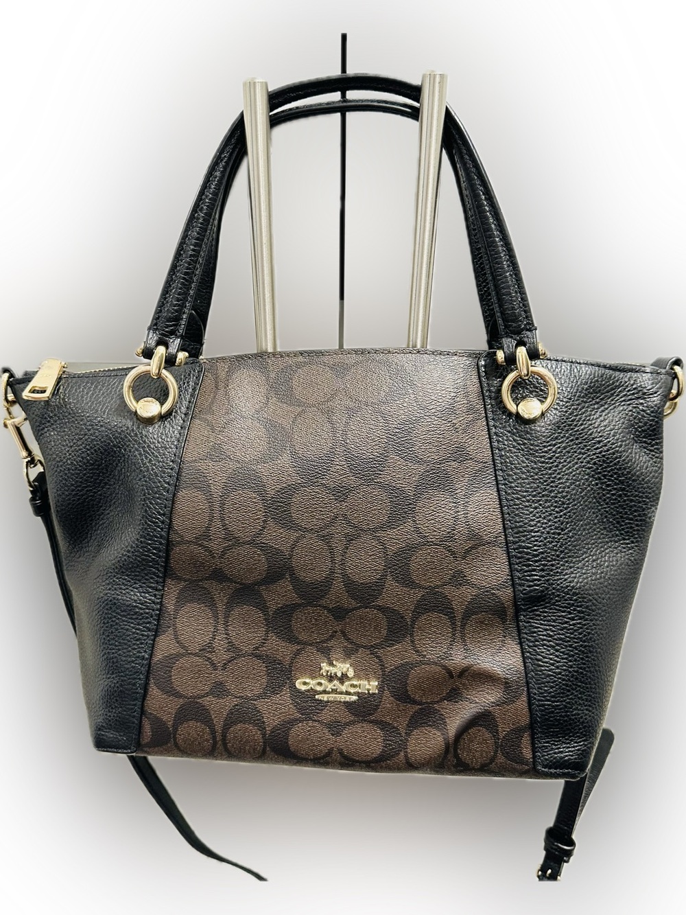 Coach Brown & Black Signature Kacey Satchel with Gold Hardware